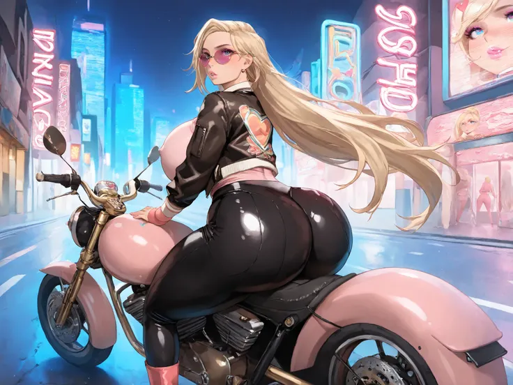 ExpressiveH, kuna2, Courtney Babcock, she is riding a motorcycle, cool looking, 1girl, blonde hair, very long hair, loose hair, Black leather jacket, gloves, boots, leather pants, tight bodysuit, sunglasses. Huge breast, wide hips , huge ass, thick thighs,...