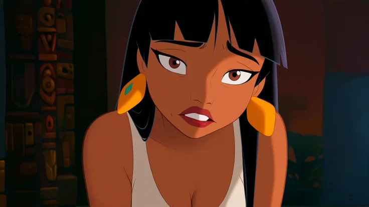 Masterpiece, high quality, very aesthetic, silly, single girl, calm, black hair, long hair, red bangs, brown eyes, dark skin, red lipstick, sleeveless shirt, cleavage, bare shoulders, earrings, portrait pose, sad, looking at viewer.