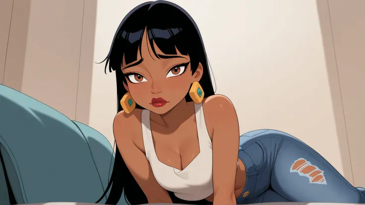 A masterpiece of art, high quality, highly aesthetic, absurd, one girl, chill, black hair, long hair, sharp bangs, brown eyes, dark skin, red lips, tubular top, cleavage, bare shoulders, earrings, sad jeans, looking at the viewer,