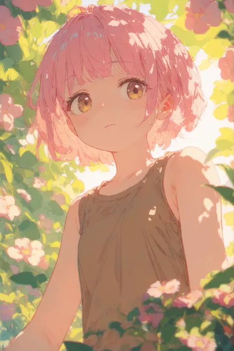 girl, tenderness, ease, pink hair, very short hair, very short hairstyle, brown sleeveless t-shirt, brown tank top, background: blooming flowers hang from the arch, flowers hang, warm lighting, bottom view
