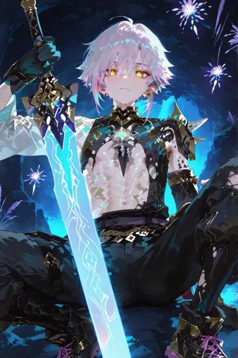 fantasy outfits, holographic, alternative-style. manly skinny tanned black skin boy mixed-race black skinned skinny young boy with freckles, glowing clear glossy wet shiny skin, short spiky lavender and salmon pink hair , black trimmed undercut taper sid...