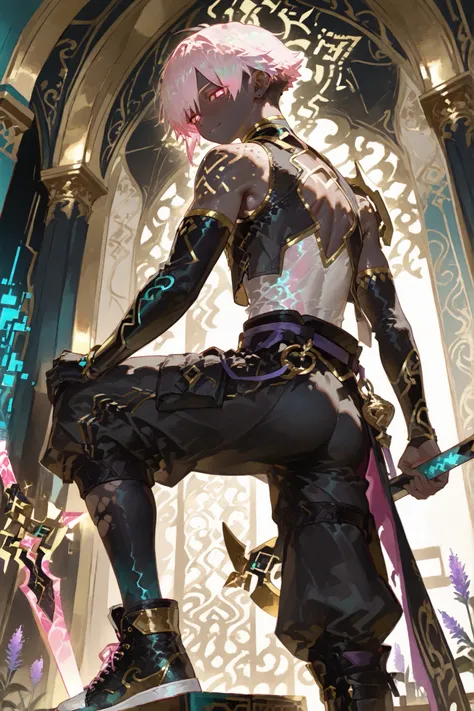 fantasy outfits, holographic, alternative-style. manly skinny tall tanned black skin boy mixed-race black skinned skinny young boy with freckles, glowing clear glossy wet shiny skin, short spiky lavender and salmon pink hair , black trimmed undercut ta...