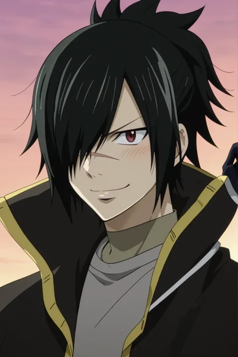 Rogue cheney rogue_cheney, black hair, red eyes, hair over one eye, scar tattoo, official style, anime screencap, 8K, extremely detailed, 1boy, solo, ((smile, happy, closed mouth, blush)) anime style, highly detailed, saturated colors, cel shading, fairy t...