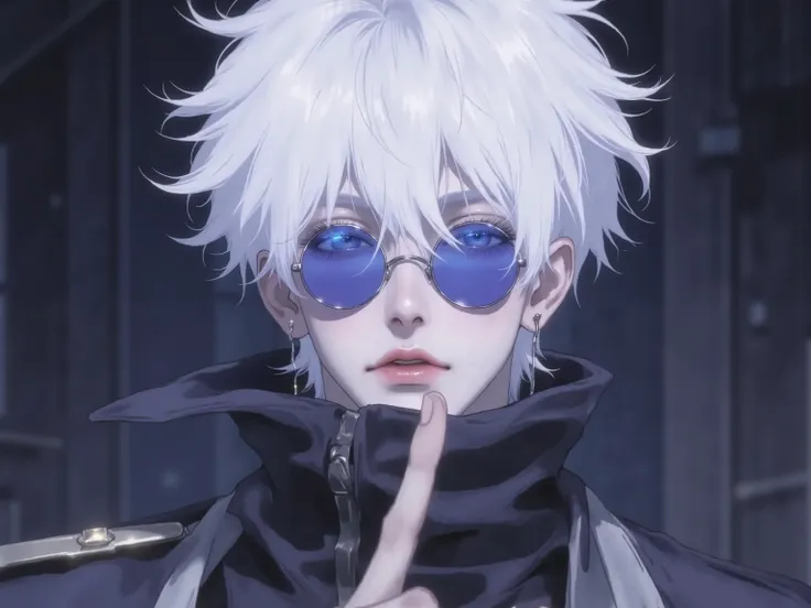((점수_9,점수_8_위로)), GOJO SATURO, Portrait of Gojo Satoru from "Jujutsu Kaisen", upper body only, facing forward with a calm and confident expression. White hair, blue sunglasses, wearing a high-collared black uniform. anime style, detailed lighting, soft sha...