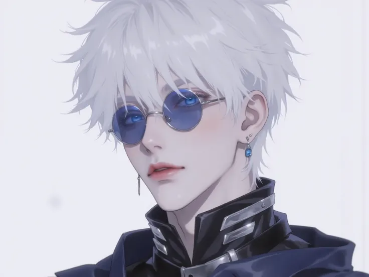 ((점수_9,점수_8_위로)), GOJO SATURO, Portrait of Gojo Satoru from "Jujutsu Kaisen", upper body only, facing forward with a calm and confident expression. White hair, blue sunglasses, wearing a high-collared black uniform. anime style, detailed lighting, soft sha...