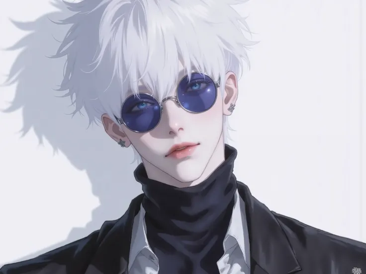 ((점수_9,점수_8_위로)), GOJO SATURO, Portrait of Gojo Satoru from "Jujutsu Kaisen", upper body only, facing forward with a calm and confident expression. White hair, blue sunglasses, wearing a high-collared black uniform. anime style, detailed lighting, soft sha...