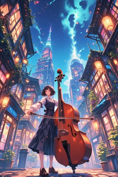 A whimsical fantasy city scene viewed from a dramatic low-angle perspective, featuring a young anime-style woman with short hair actively playing a large contrabass. She stands firmly on a cobblestone street, leaning slightly into the movement as she draws...
