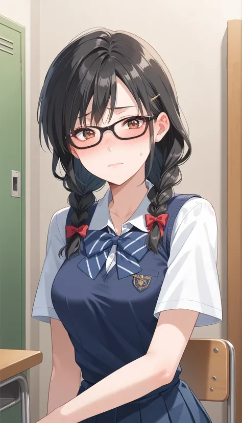 black hair,braids,black glasses,school uniform,changing room against the wall,medium breasts,((that doesn't look right)),chair in the left hand examination room,are ashamed,blush,Ulchan-6500-v1.1, ( RAW photos :1.2), beautiful detailed, very detailedな目、bea...