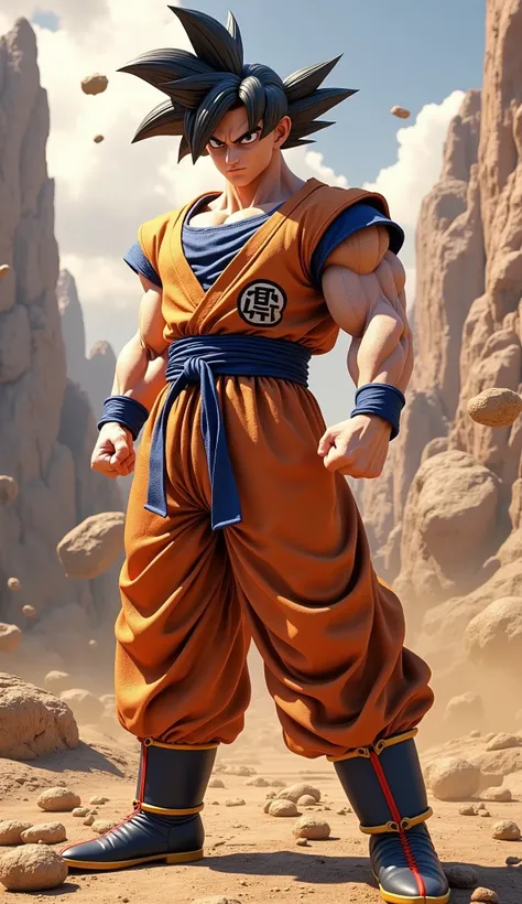 An ultra-detailed 3D hyper-realistic render of Son Goku, the iconic Saiyan warrior from Dragon Ball, standing in a battle-ready stance with clenched fists, exuding power, determination, and confidence. His muscular and well-defined physique, featuring broa...