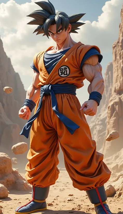 An ultra-detailed 3D hyper-realistic render of Son Goku, the iconic Saiyan warrior from Dragon Ball, standing in a battle-ready stance with clenched fists, exuding power, determination, and confidence. His muscular and well-defined physique, featuring broa...