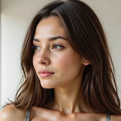 "Hyperrealistic portrait of SofiLobos seen completely in profile (90 degrees ), looking to the right. The face shows an extremely realistic skin texture, with visible details such as pores, small expression wrinkles and realistic skin texture. Softly defin...