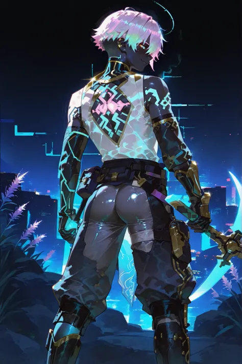 fantasy outfits, holographic, alternative-style. manly skinny tall tanned black skin boy mixed-race black skinned skinny young boy with freckles, glowing clear glossy wet shiny skin, short spiky lavender and salmon pink hair , black trimmed undercut ta...