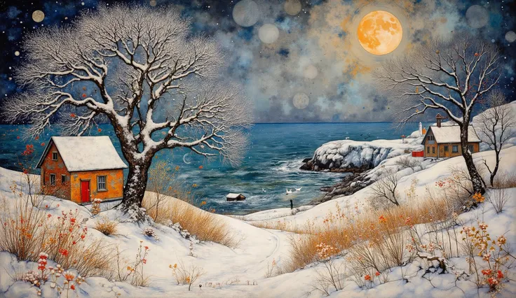 Complex textured abstract Hieronymus Bosch, William Turner, Catrin Welz-Stein, Zdzisław Beksiński, Jacek Yerka oil on canvas zentangle line art style mix: in the back of a woman's eyes we see surreal fantasyland winter seascape, heavy snowfall on impressiv...