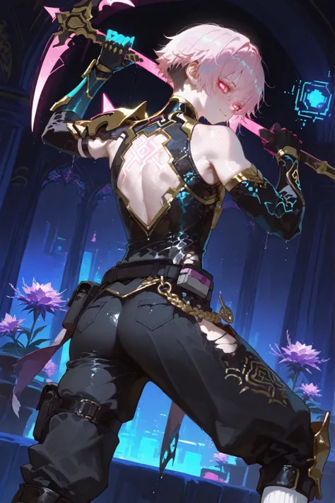 tall skinny tanned mixed-race Black boy with freckles, glossy wet glowing skin, short spiky lavender and salmon pink hair, black trimmed undercut taper sides and back, pure godly white glowing eyes, wearing a baggy cyberpunk lavender GI combat shirt with b...