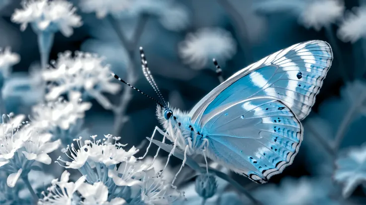 zavy-nfrrd, infrared, white, light-blue highlights, macro shot of a butterfly, 100mm f/2.8 macro lens,