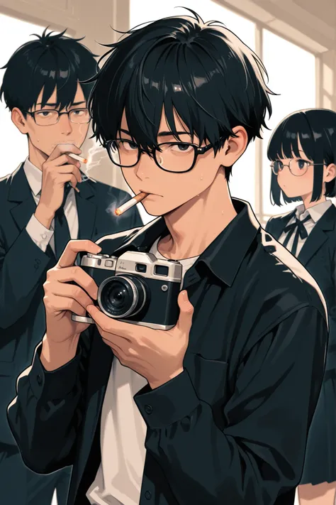 holding a camera、 male、glasses、black hair、Short Hair、 cigarettes