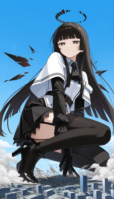 score_9_up, score_8_up, score_7_up, white pupils, long hair, hime cut, broken halo, black ascot, white shirt, capelet, black sleeves, black gloves, belt, black skirt, garter straps, black thighhighs, black high heels, energy wings, (giantess:1.4), microcit...