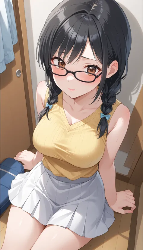 black hair,braids,black glasses,Yellow sleeveless shirt,light blue cardigan,white skirt,changing room against the wall,medium breasts,((angle from above)),chair in the left hand examination room,are ashamed,blush,Ulchan-6500-v1.1, ( RAW photos :1.2), beaut...