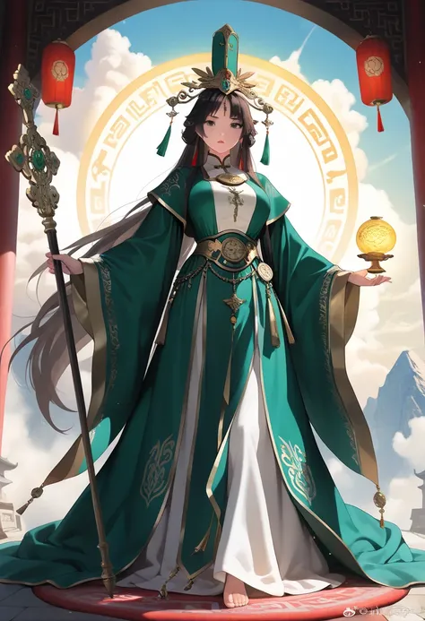 (Masterpiece, best quality , more details, 8k, 4K, hi res, ridiculous :1.3), ( Detailed Textured Lighting , detail surface lighting for viewers ), [  pastel color ] [ Calm Colors ] [ Anime Screen Cap ] [ photorealistic] A 3D character model,perfect proportions, beautiful body,((Di Guan Da Di, Emperor of Earthly Official, Taoist deity of forgiveness and fortune)), ((Second of the Three Great Officials in Taoism, ruler of the earth realm)), (majestic and dignified male figure standing atop a sacred mountain shrouded in mist), ((long flowing dark green and golden imperial robe embroidered with earth and mountain motifs)), (ornate headdress adorned with jade and dragon imagery, symbolizing authority over the land), ((stern yet compassionate expression, radiating wisdom and solemnity)), (holding a ceremonial scepter (Hu tablet) engraved with ancient Taoist symbols), (bright aura of green, gold, and earthy brown surrounding his form), ((background: misty mountains, ancient Taoist temples, flowing rivers)), (massive floating lanterns and banners bearing sacred scripts fluttering in the wind), (clouds parting with divine light descending upon a vast ritual ground), ((monks and worshipers in traditional Taoist robes offering incense and chanting prayers)), (giant earth dragon coiling protectively around the mountain base), ((ethereal light particles and floating talismans encircling the deity)), (calm river flowing at his feet, symbolizing forgiveness and renewal), ultra-detailed, 8k, sacred Taoist fantasy, majestic and solemn Chinese mythology, luminous divine emperor, masterpiece,large breast
