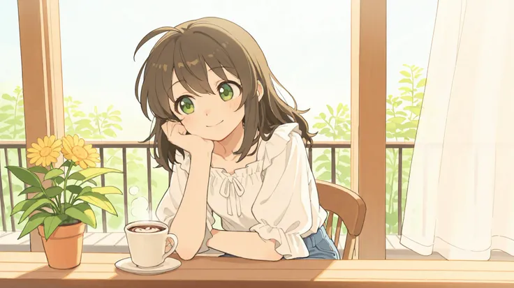 masterpiece, best quality, newest, absurdres, highres,look at the view,
short dark brown hair, ahoge, shiny green eyes, 1girl, solo, joyful and peaceful expression, soft smile, sitting relaxed on a cozy balcony chair, eyes open, enjoying music from a vinta...