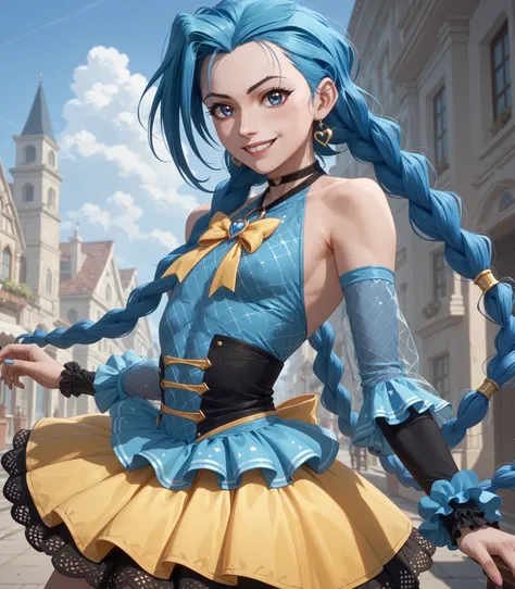 Lora: jinx, blue eyes and blue hair smirking small breasts beautiful net dress, full sleeves , flat chest (idol dress) party background yellow light, perfect perfect hair perfect hands