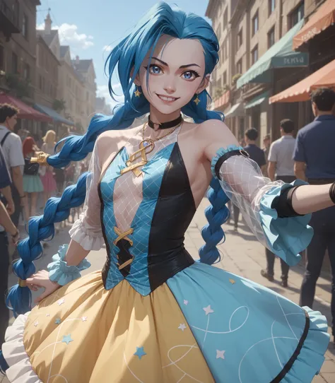 Lora: jinx, blue eyes and blue hair smirking small breasts beautiful net dress, full sleeves , flat chest (idol dress) party background yellow light, perfect perfect hair perfect hands