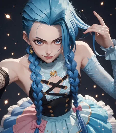 Lora: jinx, blue eyes     and blue hair       smirking       small breasts   beautiful net dress, full sleeves     , flat chest       (idol dress)     party background    yellow light, perfect     perfect hair    perfect hands 