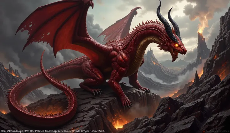 Hyper-realistic fantasy depiction of a massive ancient red dragon perched atop a rugged volcanic mountainside. Its scales are deep crimson and darkened with soot, detailed with texture like weathered armor plates. Sharp blackened horns curve back from its ...