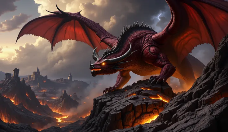 Hyper-realistic fantasy depiction of a massive ancient red dragon perched atop a rugged volcanic mountainside. Its scales are deep crimson and darkened with soot, detailed with texture like weathered armor plates. Sharp blackened horns curve back from its ...