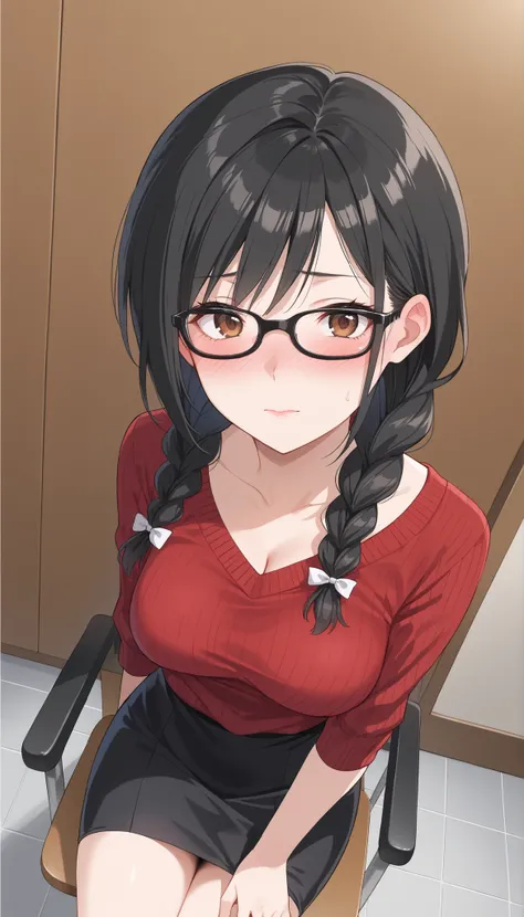 black hair,braids,black glasses,red knitted sweater,black skirt,changing room against the wall,medium breasts,((angle from above)),chair in the left hand examination room,are ashamed,blush,Ulchan-6500-v1.1, ( RAW photos :1.2), beautiful detailed, very deta...