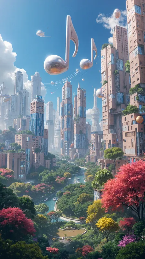 Sci-fi, A fun city of the future,
a futuristic city,
a road of musical staves,
a forest of skyscraper buildings,
a flying shaped like musical notes,