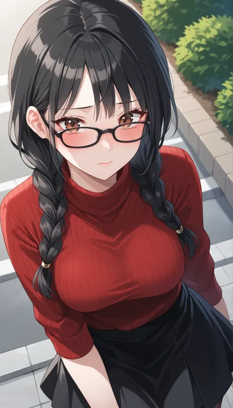 black hair,braids,black glasses,red knitted sweater,black skirt,Outdoors,medium breasts,((angle from above)),are ashamed,blush,Ulchan-6500-v1.1, ( RAW photos :1.2), beautiful detailed, very detailedな目、beautiful eyes on my stomach,beautiful eyes,Brown Eyes ...