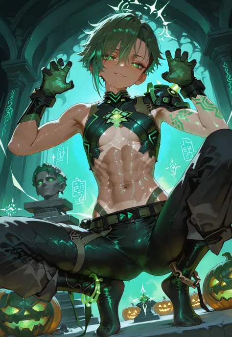 age skinny tanned mixed-race boy with freckles, glossy wet glowing skin, short messy spiky green hair with neon highlights, black faded undercut on sides and back, pure glowing emerald green eyes, wearing a tight cropped green combat top with holographic ...