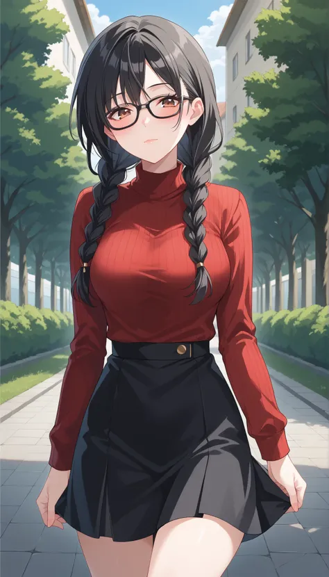 black hair,braids,black glasses,red knitted sweater,black skirt,Outdoors,medium breasts,blush,Ulchan-6500-v1.1, ( RAW photos :1.2), beautiful detailed, very detailedな目、beautiful eyes on my stomach,beautiful eyes,Brown Eyes , Large File Size, high resolutio...