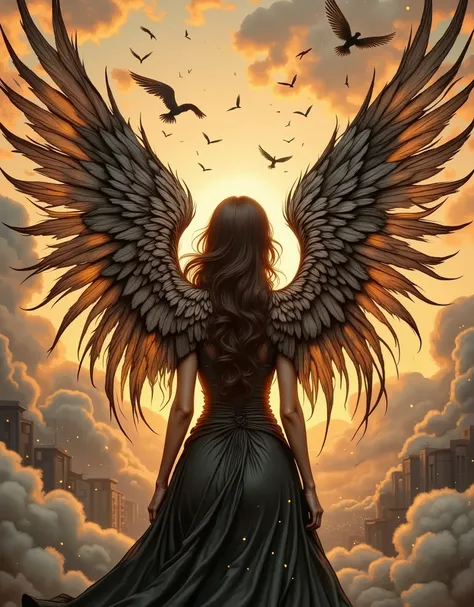 Back view of a woman with wings, wings grow from her back, Big wings on her back, waving in the sky,Lots of feathers, fluttering all over the screen,expression of strength and tension,The camera's gaze creates confidence and determination with a flame effe...