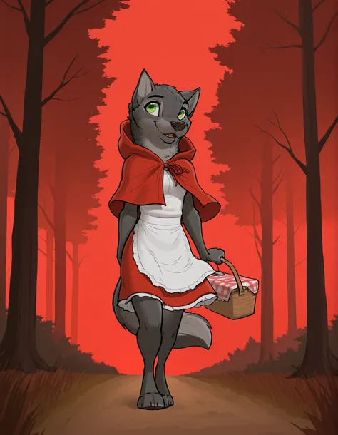 zaush,
a female anthro wolf dressed as the little red riding hood, red background, playful, forest silhouette, talking, picnic basket, dark fur, (full-length portrait:0.6), standing:walking:0.5, solo, wind, green eyes,
