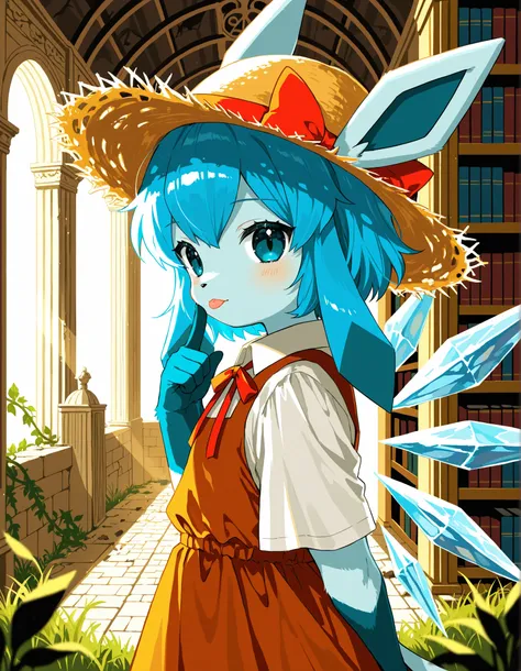 solo, furry, no human, [cirno::0.35], [:cirno:0.55], [:glaceon:0.25], hands behind back, side view, blue hair, blue body, topwear, half-length portrait, noseless, shadow, looking at viewer, blep, finger to face, straw hat, bow ribbon, BREAK, masterpiece, b...