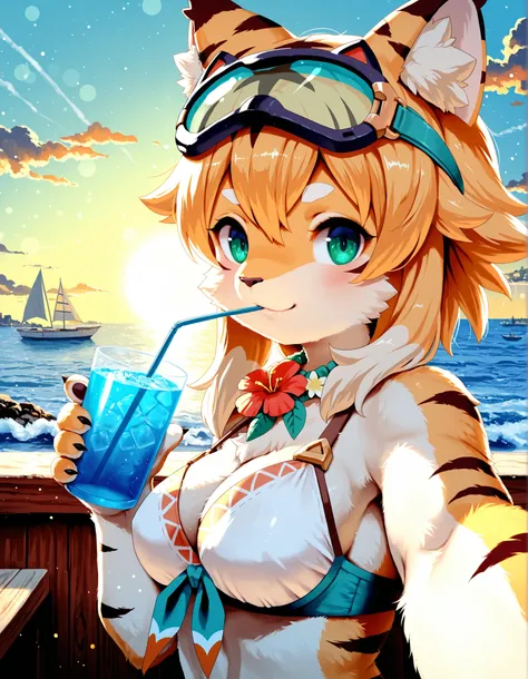 solo, furry, kemono, tiger, (mia \(world flipper\):1.25), fluffy, portrait, big eyes, medium breasts, lei, white bikini, looking at viewer, smile, young, drinking, hair accessory flower, goggles, holding blue drink on face, v sign, selfie, reaching towards...
