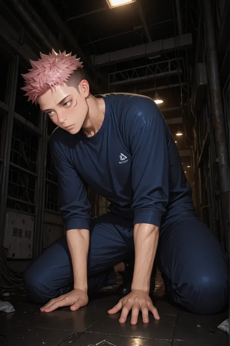 (Masterpiece, absurdres, newest, topquality) 1boy, solo, maturemale, male focus, yuuji_itadori, pink hair, brown eyes, short hair, undercut, spiked hair, facial mark, lights off, abandoned factory, kneeling on floor, low angle, (night), moody lighting, ove...