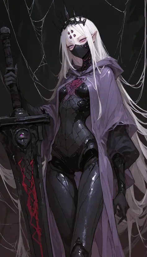 girl,white hair,long hair,in purple eyes,Long pointed ears ,Sharp eyes,Medium Chest,girlแมลง,slim, thin waist,cyberbody,black antenna,Tall,figure,black sleeve ,Spider web black widow,Insect Mask, Assassin,,Black Armor,black sleeve ,Insect Eye ,,Half an ins...