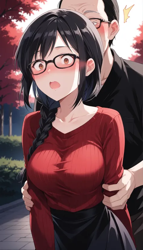 ((( having an affair with an old man))),(((Chest massage from behind))),(((Surprised Expression))),black hair,braids,black glasses,red knitted sweater,black skirt,Outdoors,medium breasts,(((blush))),Ulchan-6500-v1.1, ( RAW photos :1.2), beautiful detailed,...