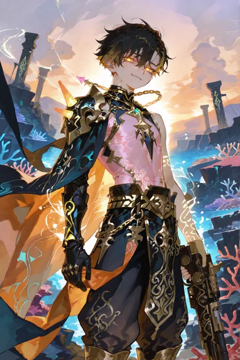 age skinny tall tanned mixed-race Black boy with freckles, glowing smooth glossy skin, short messy spiky pure black hair with flowing black fringe partially covering one glowing godly white eye, neat faded undercut sides and back, wearing a luxurious long ...