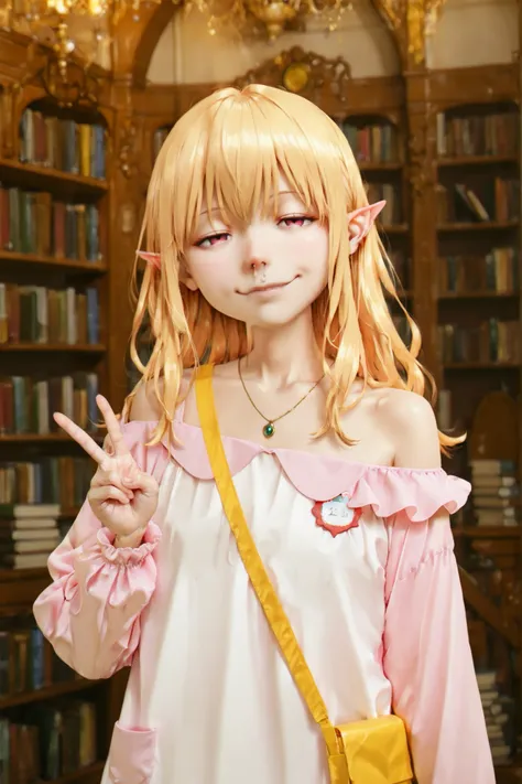 serie,pointy ears, solo, blurry, blurry background, book, book stack, bookshelf, depth of field, library, bare shoulders, white dress, evil smile, half-closed eyes, upper body, off shoulder, jewelry, necklace, BREAK
score_9, score_8_up, score_7_up, score_...
