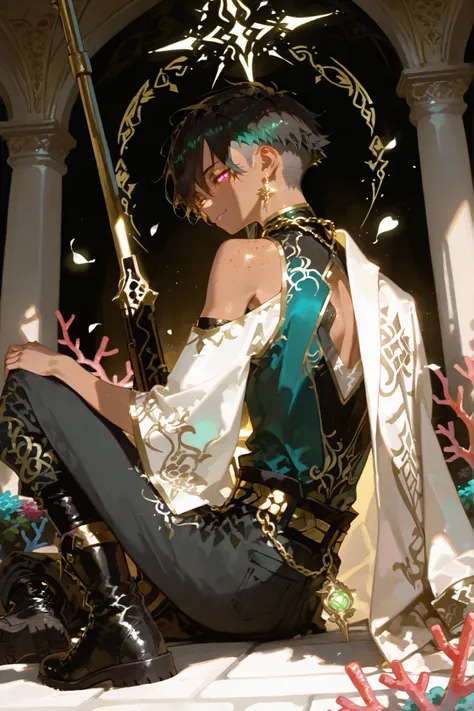 age skinny tall tanned mixed-race Black boy with freckles, glossy radiant warm skin glowing under soft light, short slightly spiky jet-black hair with a flowing coral-pink fringe covering one glowing mythical white eye, neat faded undercut sides and back, ...