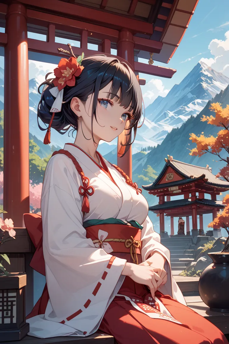 Women、Shrine maiden、black hair、Deep in the mountains、