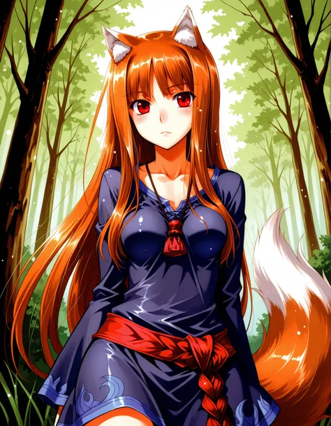 holo, wolf girl, solo, 1girl, wolf ears, long hair, solo, red eyes, ginger hair, wolf tail, animal ears, animal ear fluff,very long hair, shiny hair, brown hair,