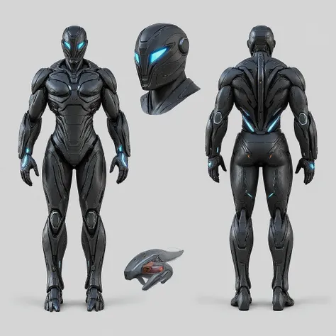 Generate an image of a futuristic full body male nanotech suit designed for an anti-hero. The suit should predominantly feature a sleek black color with a mechanical demon wings with thrusters, fierce helmet covered with hoodie, glowing blue eyes and blue ...