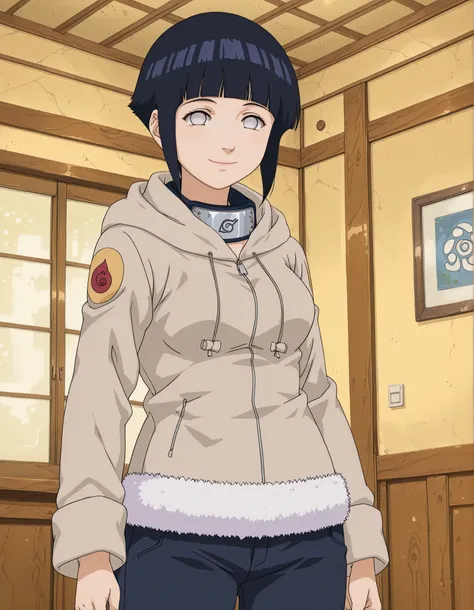 hinatagenin, anime, hinata hyuga, short hair, white eyes, bangs, blunt bangs, medium breasts,, long sleeves, pants, hood, konohagakure symbol, fur trim, jacket,, indoors, smile, looking at viewer, solo,, cowboy shot, dutch angle