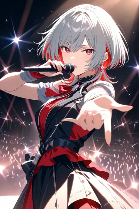 anime, masterpiece, best quality, 4K, solo, full-body, mature female idol on stage, gray hair with red mesh highlights, red inner color, wolf cut hairstyle with sharp layers, side locks framing her face, sharp and calm eyes, composed and cool expression, s...