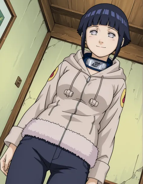 hyuuga hinata,, anime, hinata hyuga, short hair, white eyes, bangs, blunt bangs, medium breasts,, long sleeves, pants, hood, konohagakure symbol, fur trim, jacket,, indoors, smile, looking at viewer, solo,, cowboy shot, dutch angle
